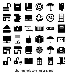 Open icons set. set of 36 open filled icons such as sliding doors, umbrella, door, window, book, office room, opened lock, seed bag, cargo box, arrow up, love letter, box