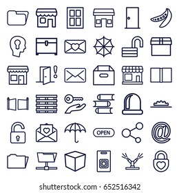 Open icons set. set of 36 open outline icons such as store, opened lock, door, window, chest, book, peas, cargo box, love letter, heart lock, share, folder, camera wheel, shop