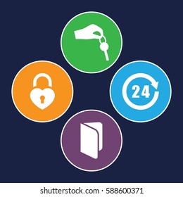 open icons set. Set of 4 open filled icons such as heart lock, hand with key, 24 hours