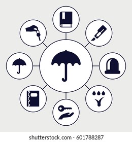 open icons set. Set of 9 open filled icons such as umbrella, cutter, notebook, hand with key, watering system, book, key on hand
