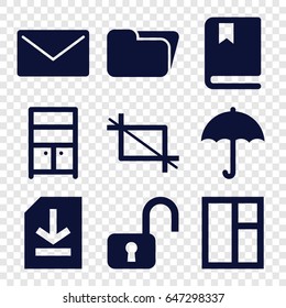 Open icons set. set of 9 open filled icons such as window, wardrobe, file, crop, book, open lock, umbrella, folder