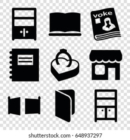 Open icons set. set of 9 open filled icons such as wardrobe, magazine, cupboard, book, ring in box, shop, gate