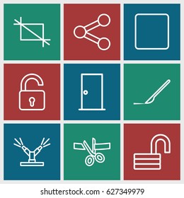 Open icons set. set of 9 open outline icons such as opened lock, door, scalpel, stop, crop, watering system, scissors and ribbon