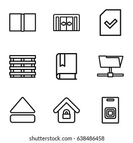 Open icons set. set of 9 open outline icons such as sliding doors, cargo box, eject button, file, lock home, book, door bell