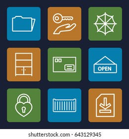 Open icons set. set of 9 open outline icons such as cargo box, heart lock, folder, file, cupboard, open plate, umbrella, parcel