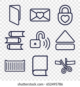 Open icons set. set of 9 open outline icons such as book, cargo box, love letter, heart lock, eject button, opened security lock