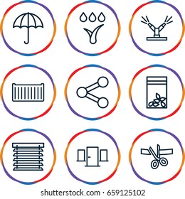 Open icons set. set of 9 open outline icons such as seed bag, cargo box, watering system, window shutter, door, scissors and ribbon, umbrella