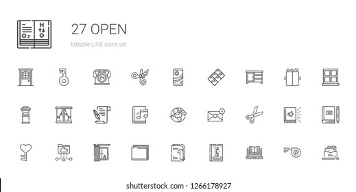 open icons set. Collection of open with open book, phone book, catalogue, folder, window, cloud folder, key, scissors, email, audiobook, literature. Editable and scalable open icons.