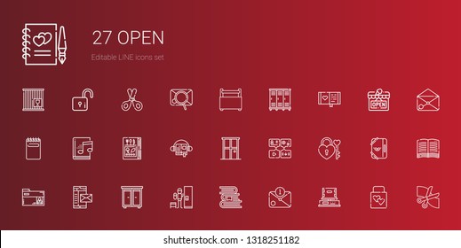 open icons set. Collection of open with box, email, books, locker, drawer, mail, folder, padlock, message, door, audiobook, book, notepad, diary. Editable and scalable open icons.