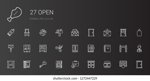 open icons set. Collection of open with cabinet, drawer, portfolio, book, key, window, access, notebook, phone book, scissors, mailbox, locker. Editable and scalable open icons.