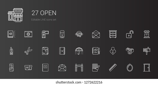 Open Icons Set. Collection Of Open With Chocolate, Entrance, Email, Notebook, Box, Padlock, Guests Book, Umbrella, Catalogue, Scissors, Supermarket. Editable And Scalable Open Icons.