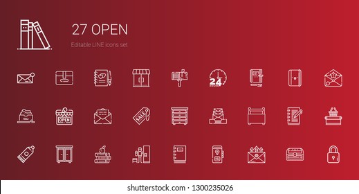 open icons set. Collection of open with email, book, notebook, locker, books, drawer, glue, toolbox, supermarket, filing cabinet, hours, mailbox. Editable and scalable open icons.