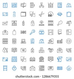 open icons set. Collection of open with file transfer, open book, email, books, padlock, drawer, literature, book, clothing shop, scissors, folder. Editable and scalable icons.