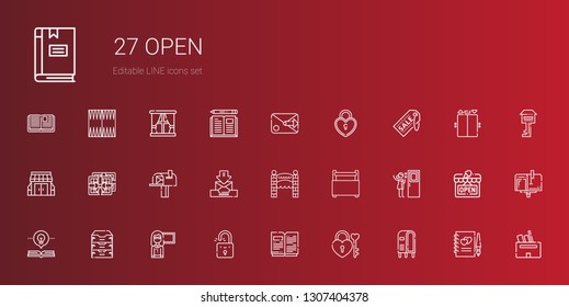 open icons set. Collection of open with letterbox, padlock, open book, guide, archive, door, toolbox, entrance, email, mailbox, chocolate, stores. Editable and scalable icons.
