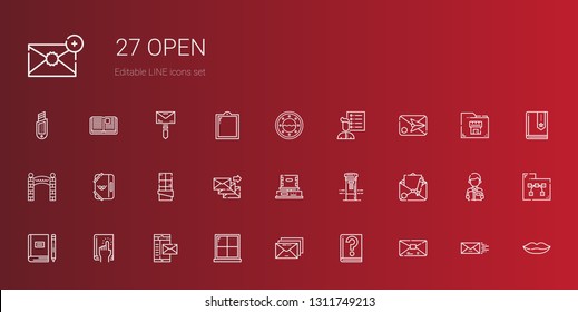 open icons set. Collection of open with mail, guide, email, window, book, mailbox, box, chocolate, folder, entrance, user list, lips, reading. Editable and scalable open icons.