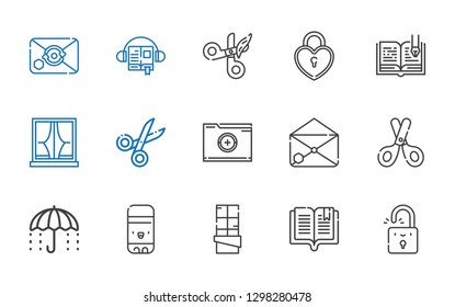 open icons set. Collection of open with padlock, book, chocolate, glue stick, umbrella, scissors, email, folder, window, open book, audiobook. Editable and scalable icons.