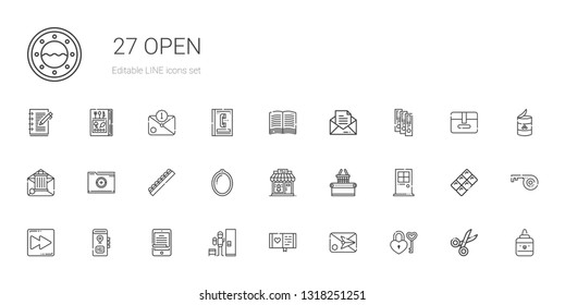 open icons set. Collection of open with padlock, email, diary, locker, ereader, book, fast forward, door, supermarket, clothing shop, window. Editable and scalable open icons.