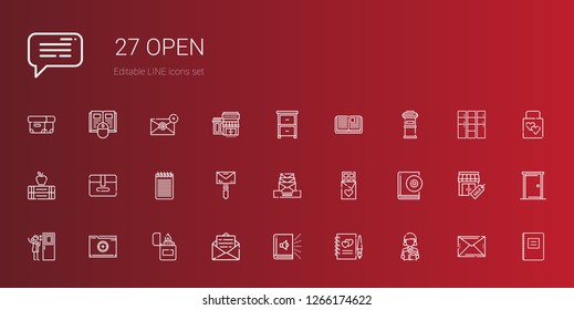 open icons set. Collection of open with reading, guests book, audiobook, email, lighter, folder, door, chocolate, mail, notepad, package, books. Editable and scalable open icons.