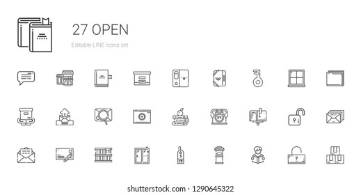 open icons set. Collection of open with reading, letterbox, supermarket, window, box, postcard, email, mailbox, hours, books, folder, package. Editable and scalable open icons.