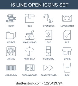 open icons. Trendy 16 open icons. Contain icons such as book, box, open lock, love letter, folder, make up bag, file, at mail, umbrella, cupboard. icon for web and mobile.