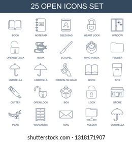 open icons. Trendy 25 open icons. Contain icons such as book, notepad, seed bag, heart lock, window, opened lock, scalpel, ring in box, folder, umbrella. open icon for web and mobile.