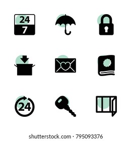Open icons. vector collection filled open icons set.. includes symbols such as car key, package, window, love letter, 24 hours, catalog. use for web, mobile and ui design.
