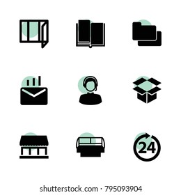 Open icons. vector collection filled open icons set.. includes symbols such as book, window, folder, box, 24 hours, store window. use for web, mobile and ui design.