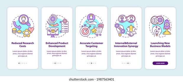 Open innovation benefits onboarding mobile app page screen with concepts. Reduced costs, customer targeting walkthrough 5 steps graphic instructions. UI vector template with RGB color illustrations