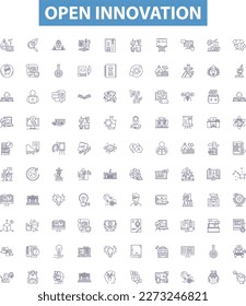 Open innovation line icons, signs set. Open, Innovation, Collaboration, Sharing, Co Creation, Knowledge, Platforms, Exchange, Creative outline vector illustrations.