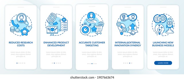 Open innovation pros onboarding mobile app page screen with concepts. Research costs, consumer targeting walkthrough 5 steps graphic instructions. UI vector template with RGB color illustrations