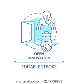 Icono de concepto turquesa de innovación abierta. Ilustración de línea delgada de idea abstracta de tipo de innovación. Colaboración fuera. Dibujo de contorno aislado. Trazo editable. Fuentes Arial, Myriad Pro-Bold utilizadas