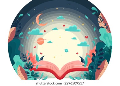 Open interesting book, interesting stories concept in a book, World Book Day or Children's Book Day, abstract patterns, leaves, decorative elements	