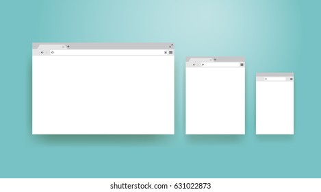 Open Internet browser window in a flat style. Design a simple blank web page. Template Browser window on your PC, tablet and mobile phone. Vector illustration. Isolated on a turquoise background.