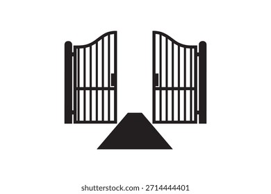 Open iron gate silhouette with pathway Double entrance gates opening wide