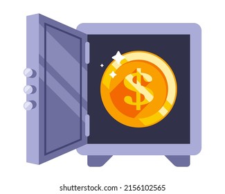 Open Iron Safe With A Gold Coin Inside. Flat Vector Illustration.