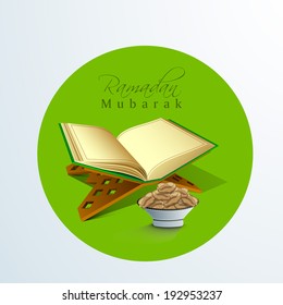 Open islamic holy book Quran Shareef with fresh dates and stylish text Ramadan Mubarak .