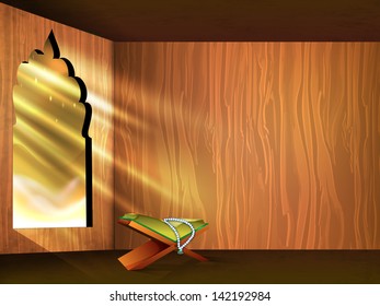Open Islamic religious holy book Quran SHareef on shiny rays background for month of Ramadan Kareem.