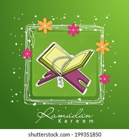 Open Islamic religious holy book Quran Shareef with praying mantis in floral decorated square frame on shiny green background. 
