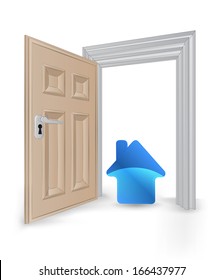 open isolated doorway frame with blue house icon vector illustration