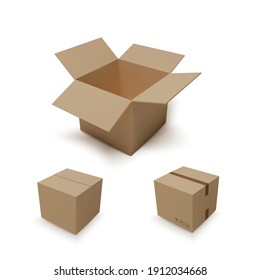 Open isometric box and closed parcel. Realistic carton. Vector