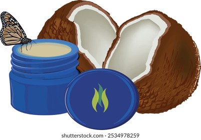 Open jar of coconut cream sits near two coconut halves with a monarch butterfly perched on the edge