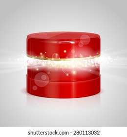 Open jar for cosmetics with glowing inside. Glow, sparkles, lights and rays inside box. The magic cosmetics. Beauty and fashion concept
