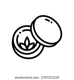 Open jar of cream. Cosmetics container. Skin care body and face skin, moisturizer cream, lotion. Natural organic cosmetics, bio skin care. Vector isolated outline icon.
