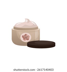 Open jar with cream in flat design. Skin care product, cosmetic package. Vector illustration isolated.
