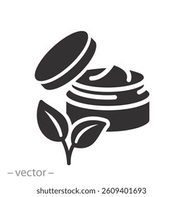 open jar cream with leaves, natural organic cosmetics icon, bio skin care, flat vector illustration