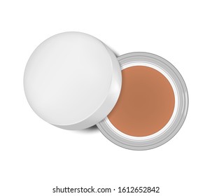 Open jar of cream makeup foundation, blush, eyeshadow or other makeup product top view isolated on white background, realistic vector illustration.