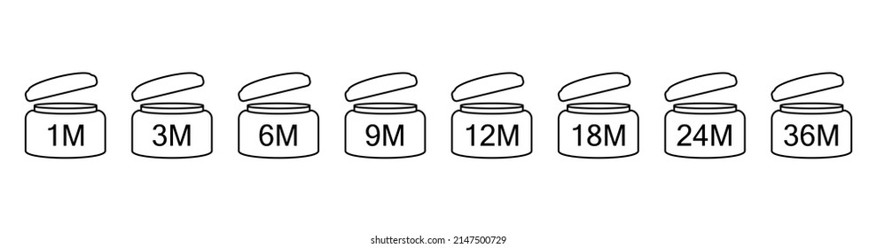 Open jar icon for labeling cosmetics. Set of linear black illustrations indicating the date of use for product. Shelf life symbol of open cream package on white. The shelf life of pharmaceuticals.