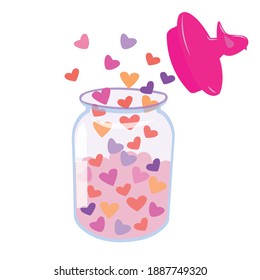 
open jar with a lid with hearts. bottle with heart. romantic illustration for valentine's day on a white background. stock vector image.