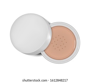 Open jar of makeup loose setting powder top view isolated on white background, vector illustration.