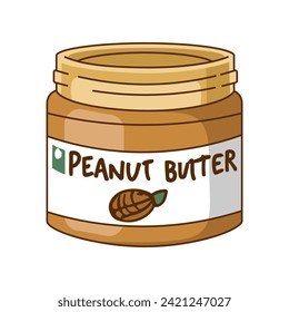 An open jar of peanut butter, peanuts on a sticker  